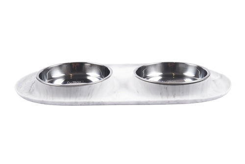 Messy Mutts Double Silicone Cat Feeder with Stainless Saucer Shaped Bowl (Warm Grey)