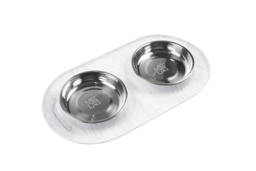 Messy Mutts Double Silicone Cat Feeder with Stainless Saucer Shaped Bowl (Warm Grey)