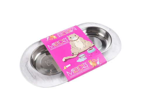 Messy Mutts Double Silicone Cat Feeder with Stainless Saucer Shaped Bowl (Warm Grey)